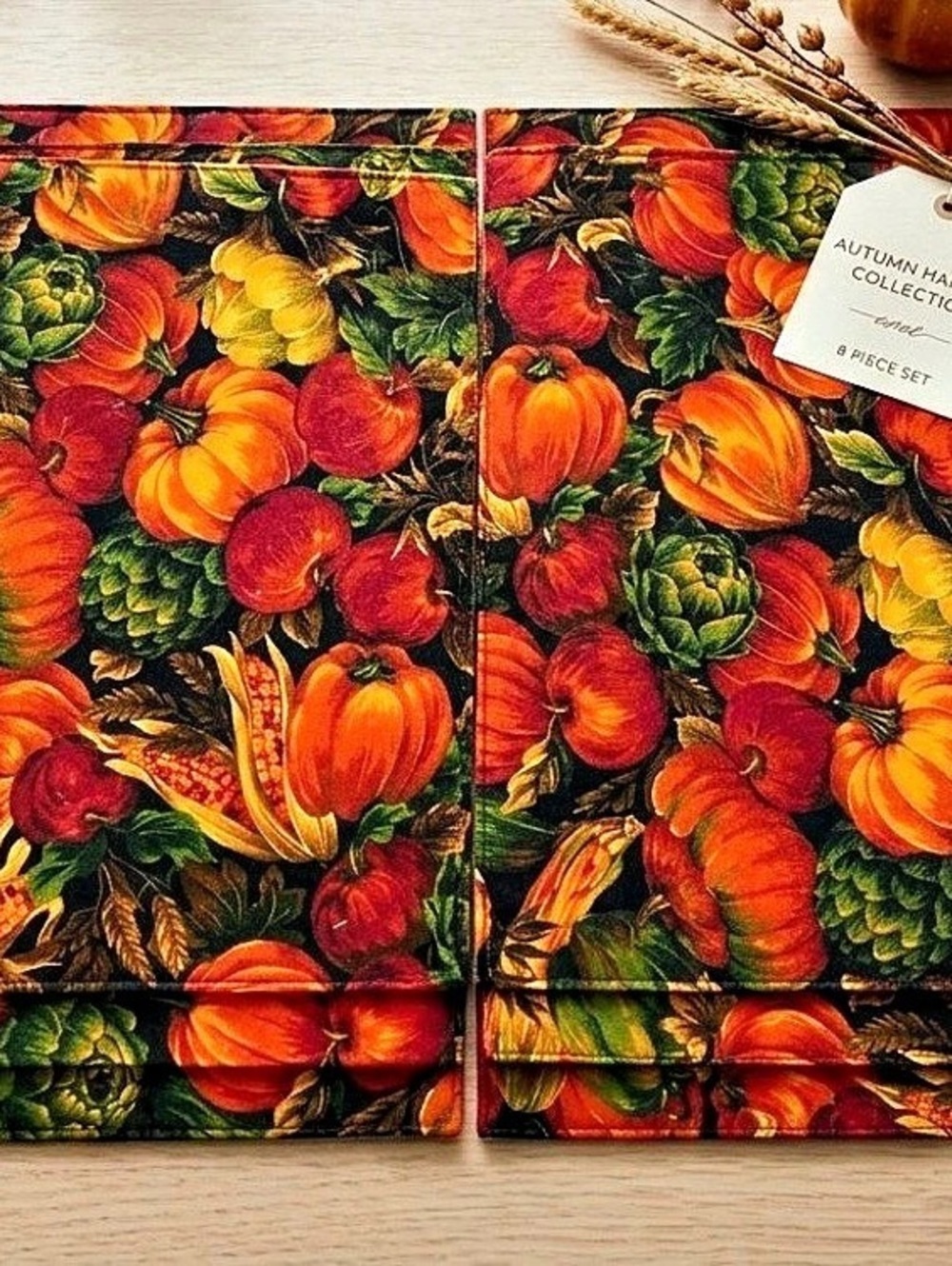 Fall Harvest Placemats – Set of 8 – Pumpkins Corn Squash – 17x12